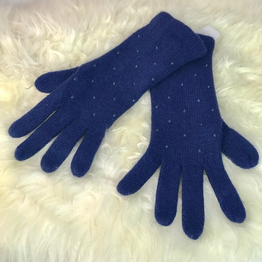 NWT Embellished Navy Blue Knit Gloves One size 1 Pair NEW WITH TAGS